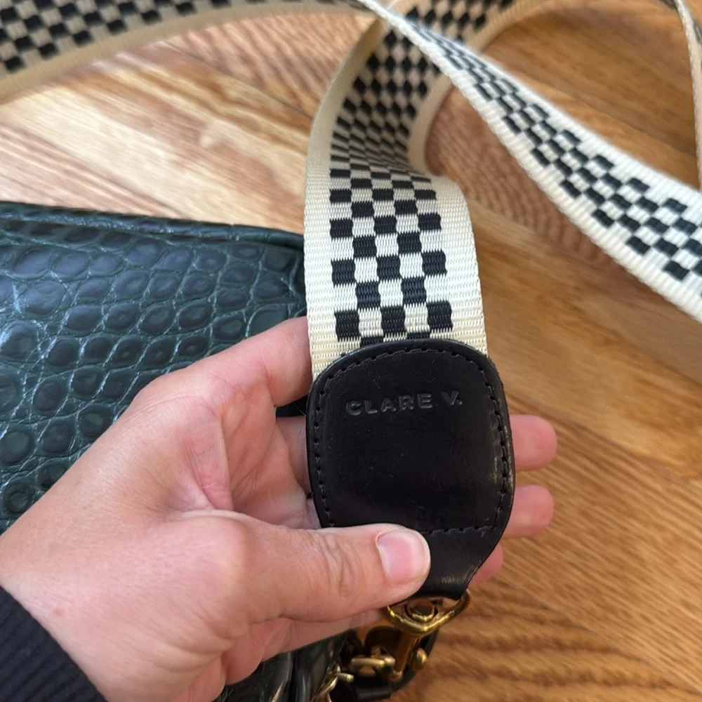 Clare V Loden Croc Midi Sac in Green + Checkered Strap - Picture 7 of 8